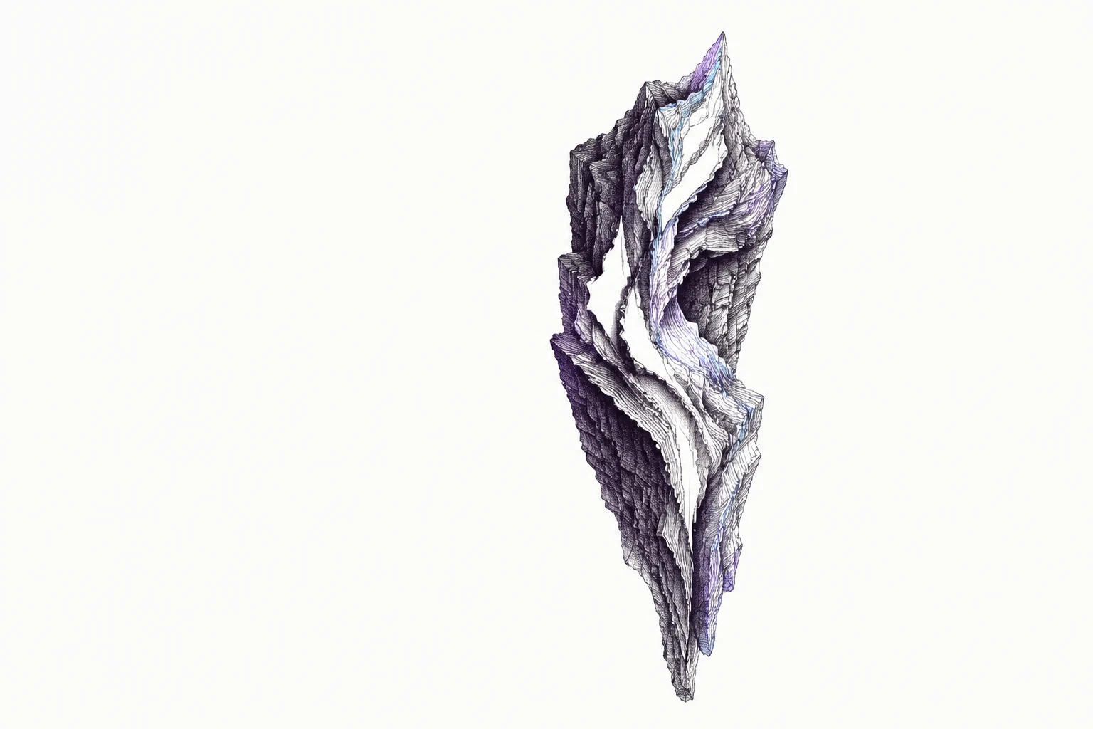 A narrow floating shard of folded rock reveals dense mineral layers and clean white breaks.