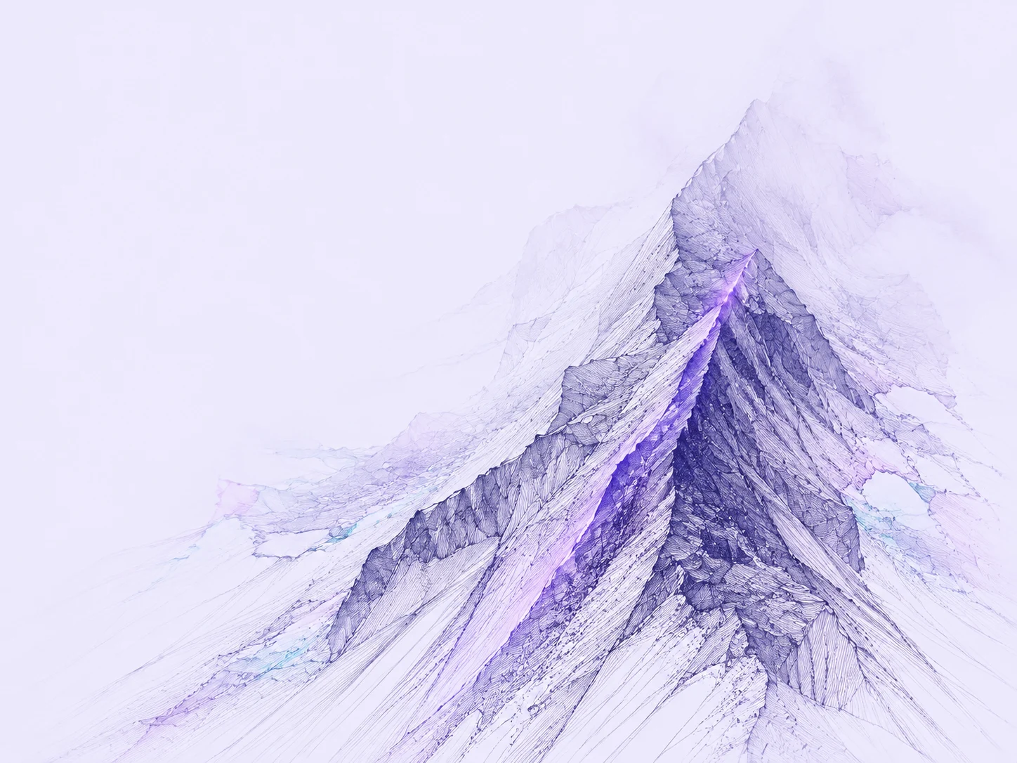 A blade of finely hatched violet rock rises diagonally into mist, its edge illuminated by a thin seam of light.