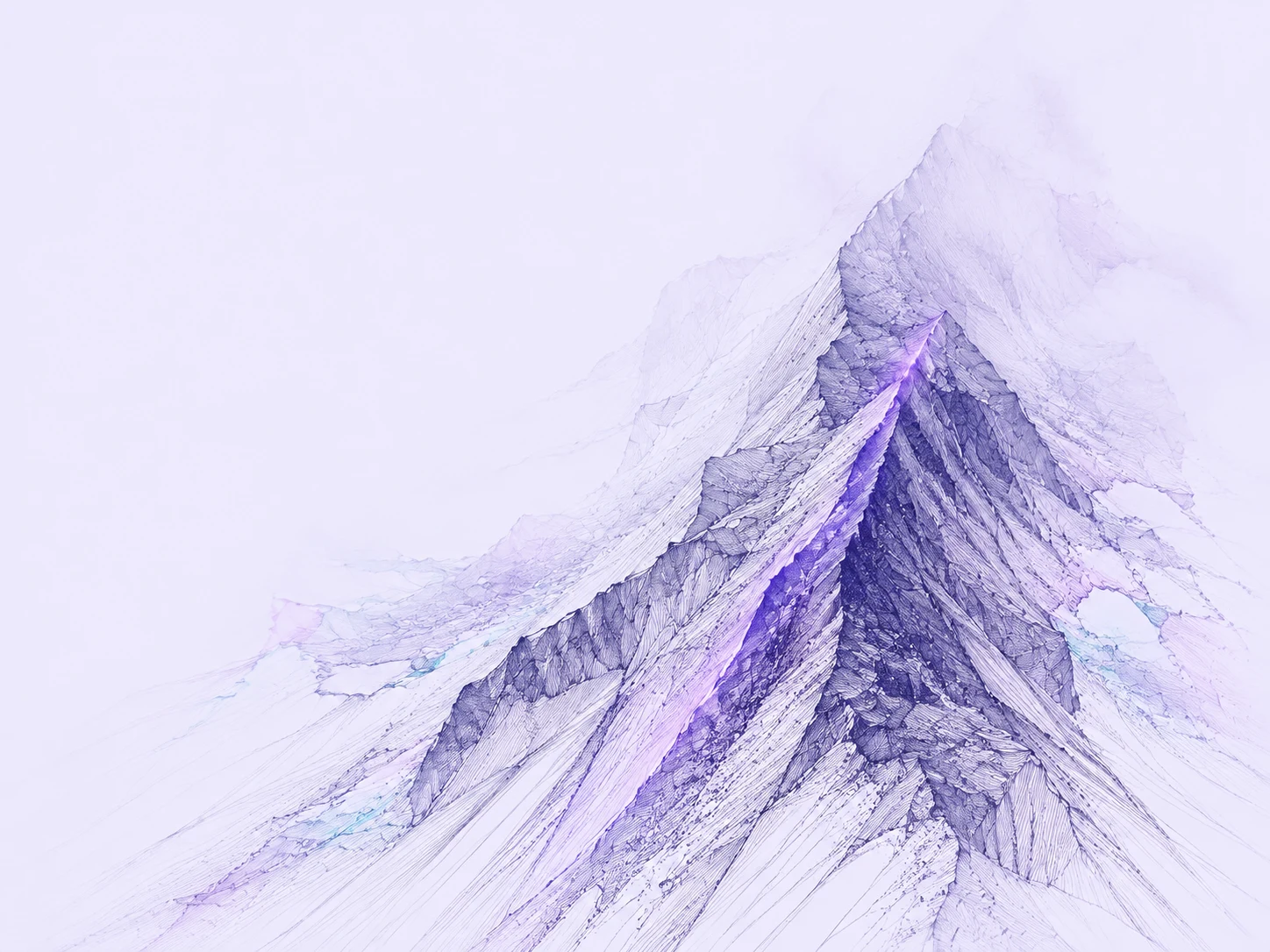 A blade of finely hatched violet rock rises diagonally into mist, its edge illuminated by a thin seam of light.