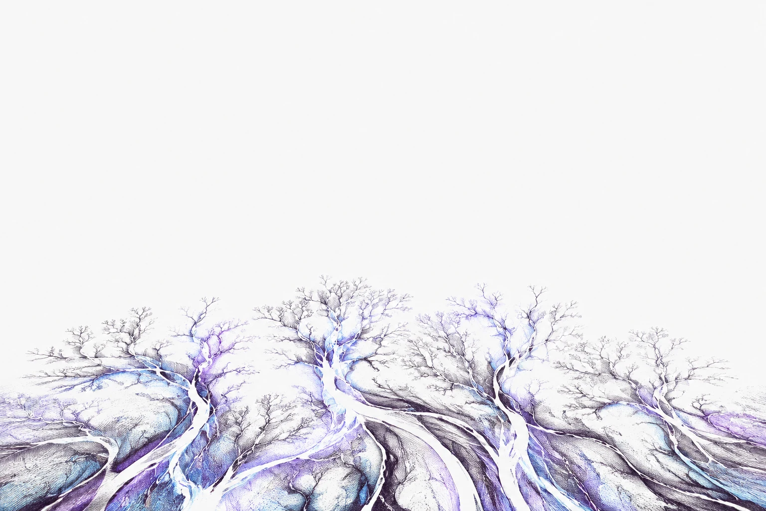 Branching glacial channels spread across the lower edge of an otherwise empty white field.
