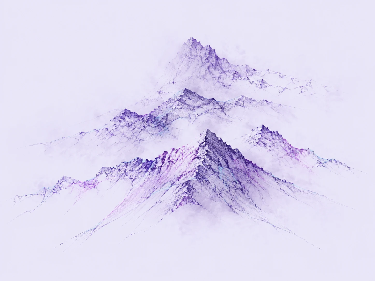 Several broken ridgelines hover in layers of pale mist, their violet and cyan contours appearing and disappearing.