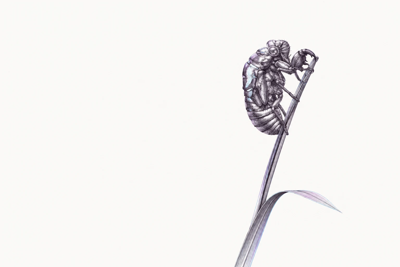 An intricately etched cicada shell clings to a single reed against a wide field of white.