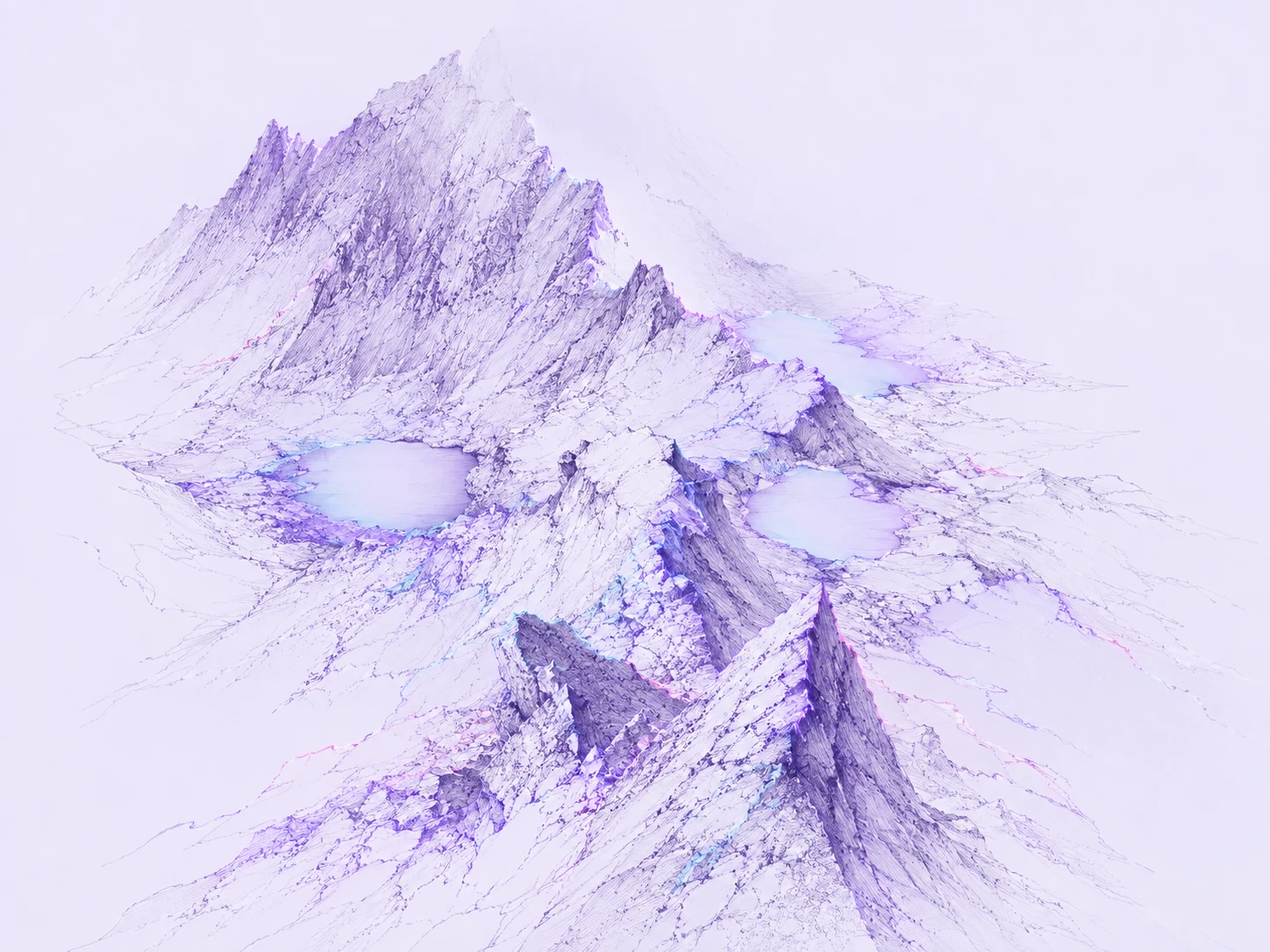 An abstract ridge divides luminous lake-shaped voids, with delicate lavender contours following the surrounding basins.