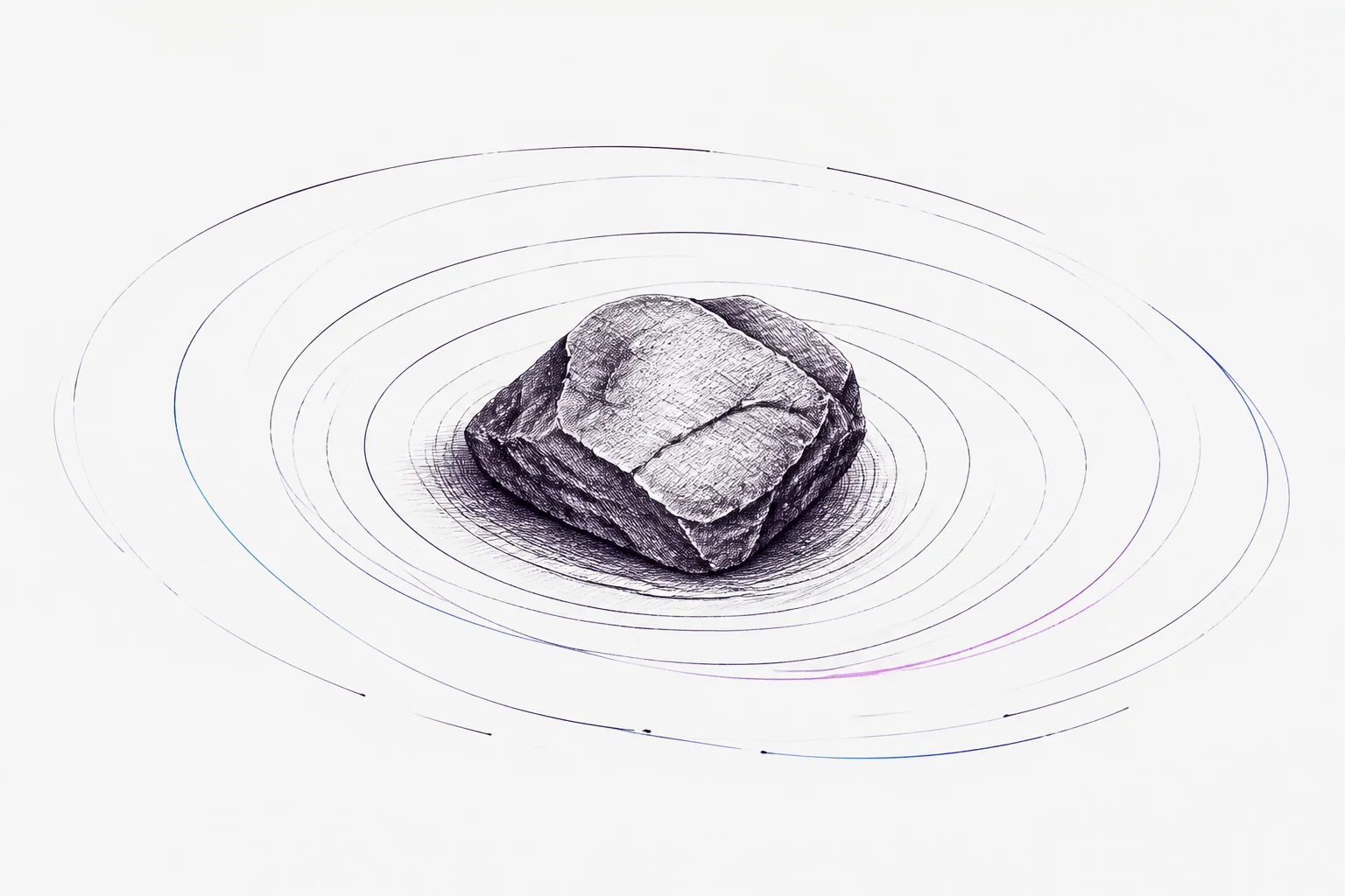 A small irregular stone rests within interrupted elliptical ink rings, their edges faintly violet and blue.