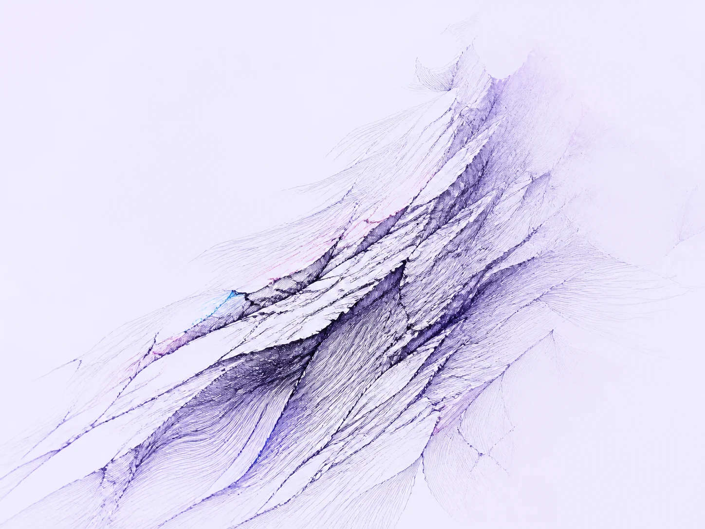 A geological fold opens into featherlike pen strokes, with spectral violet and rose light along its fractured strata.