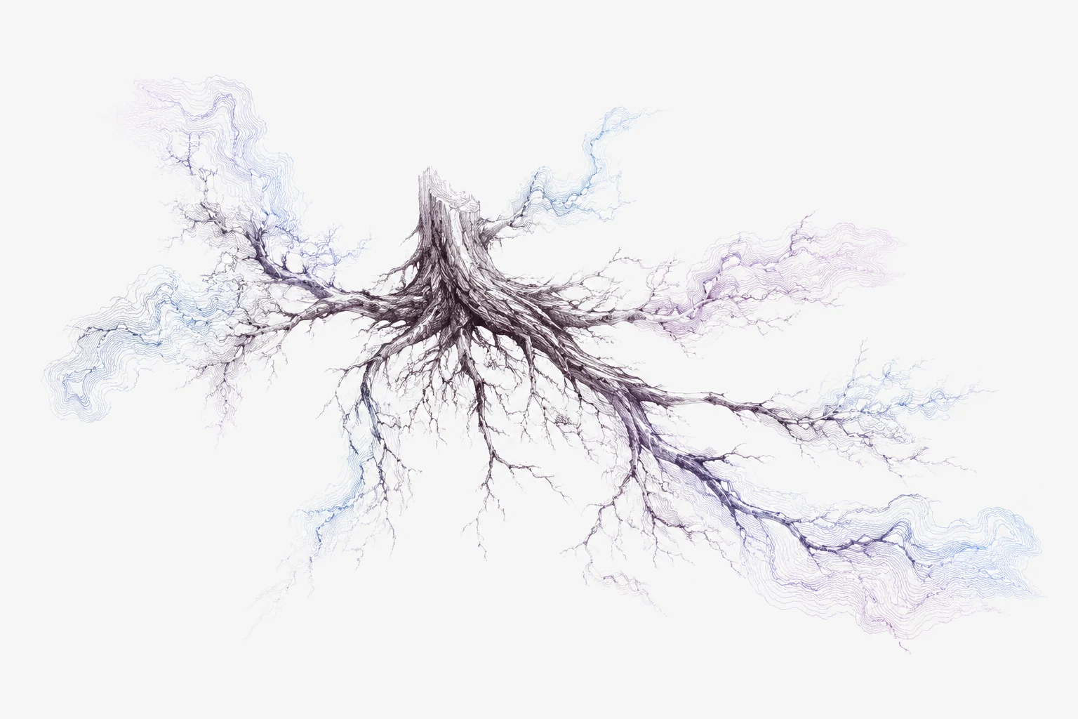 A bare stump and branching roots float in white space, their finest tips becoming pale contour lines.