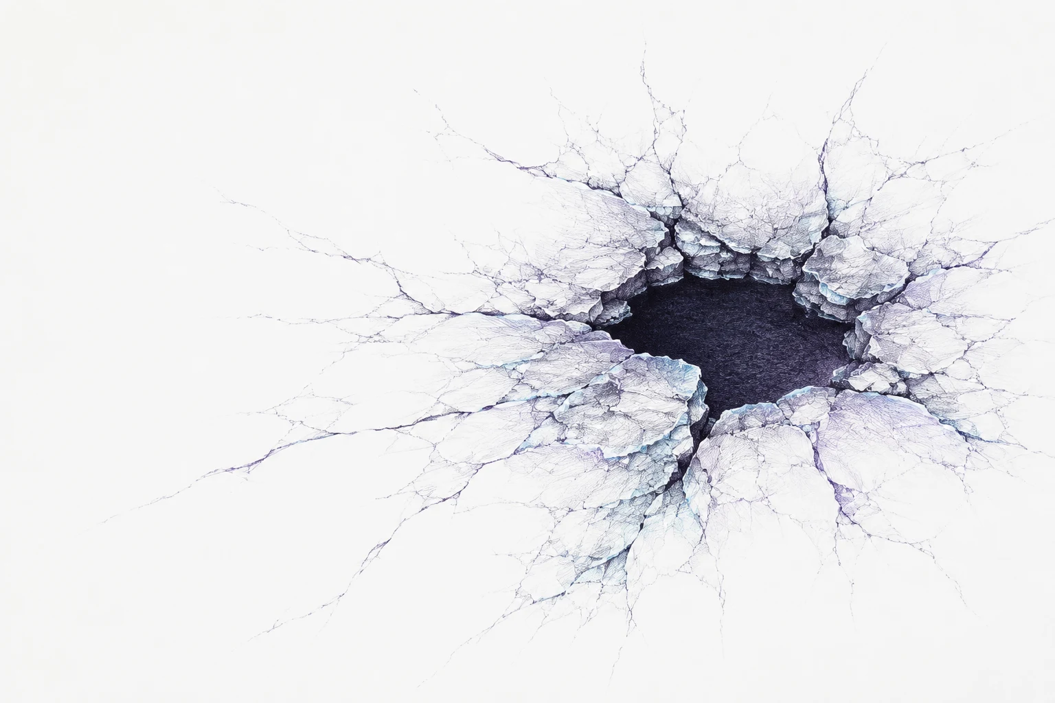 Hairline fractures spread across white lake ice from a small dark opening, drawn in intricate violet ink.