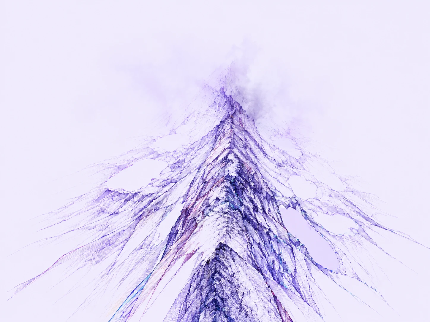 A central precipice descends into radiating gullies and pale basins, with fine cyan and magenta afterimages.