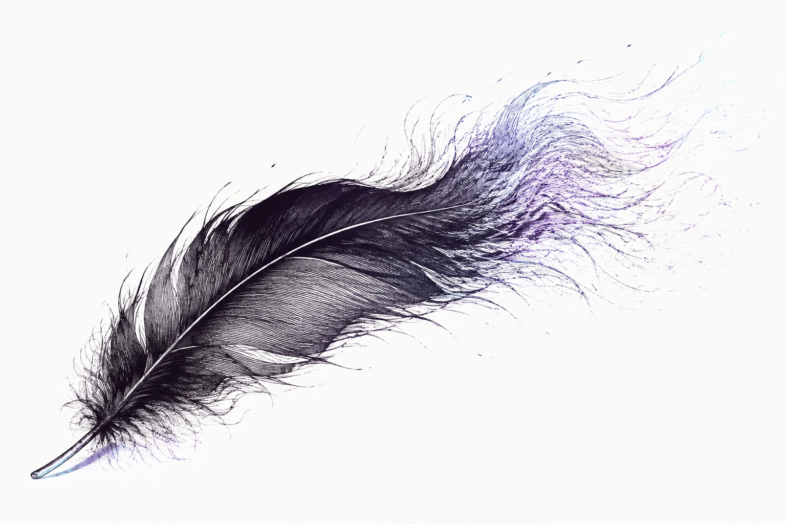 A curved raven feather dissolves into hundreds of fine windlike marks along its diagonal tip.