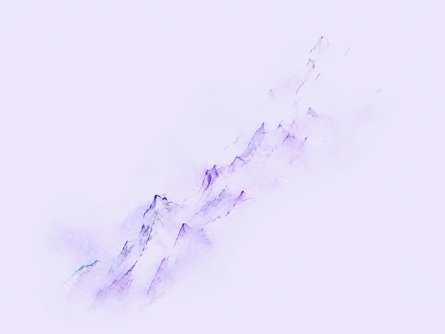 A ridge almost disappears into white mist, leaving only scattered violet contours and a faint luminous trace.