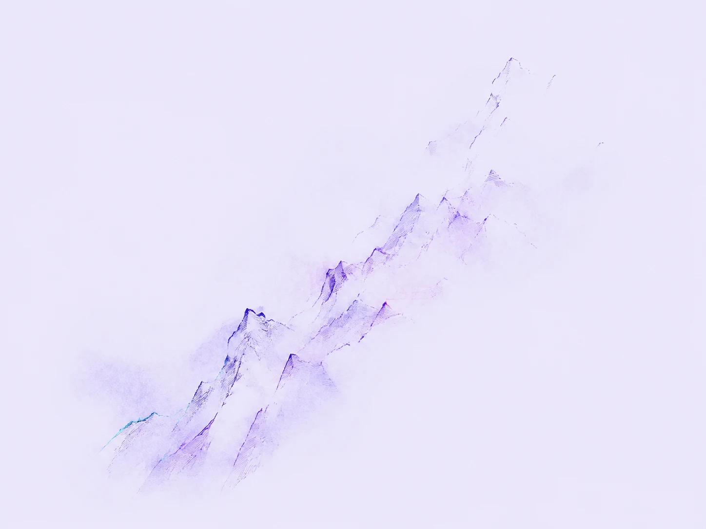 A ridge almost disappears into white mist, leaving only scattered violet contours and a faint luminous trace.