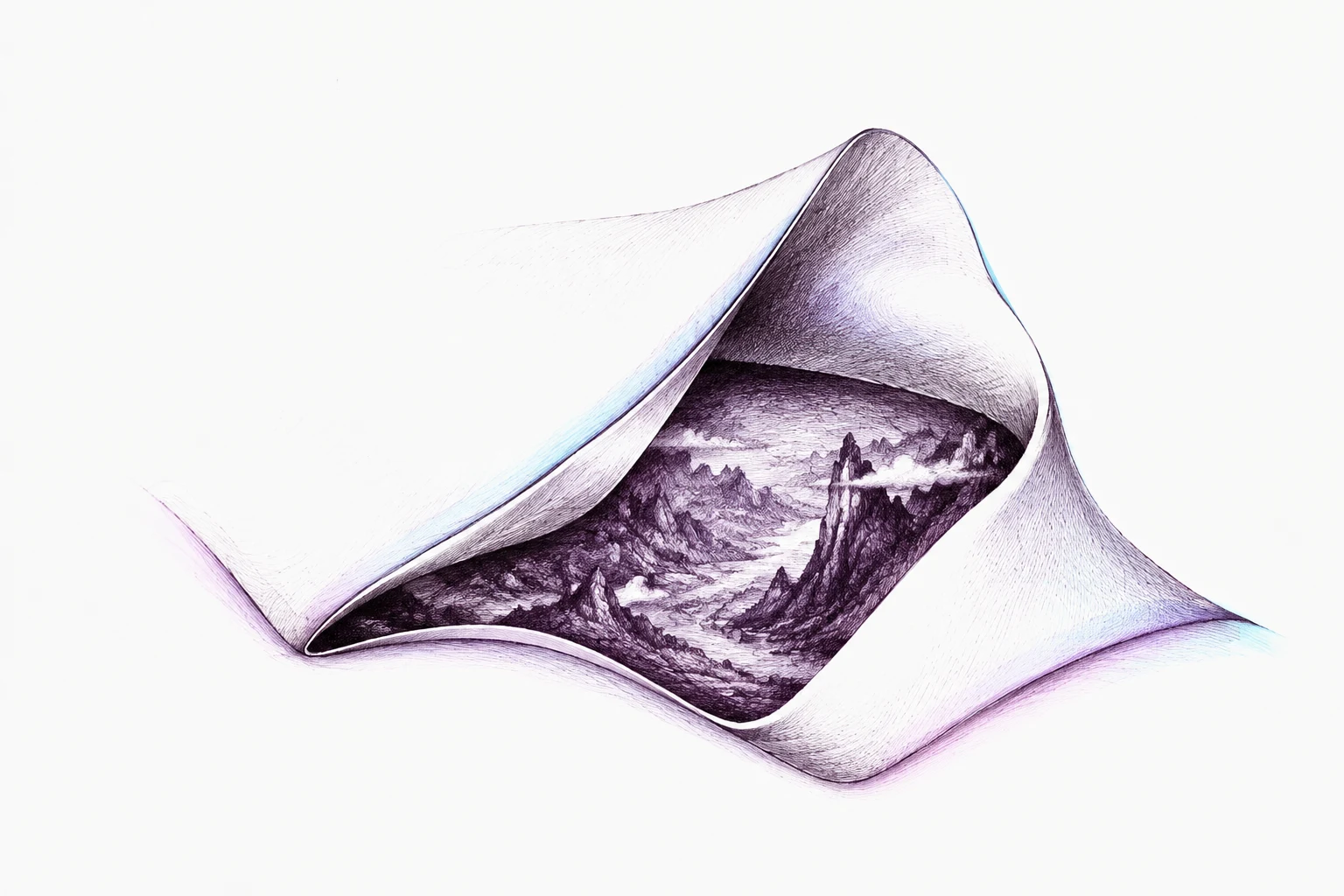 A fold in a white surface opens onto a miniature, densely hatched mountain valley, with pale violet edges.