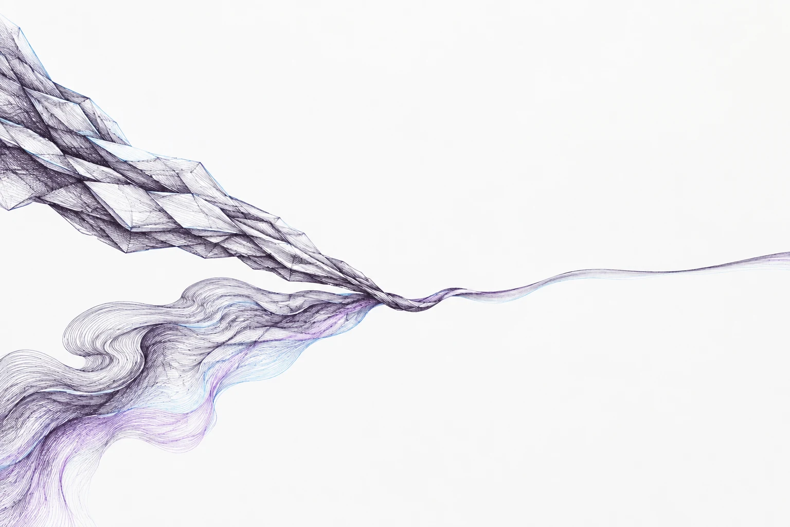 Angular mineral folds and fluid strands meet in a small braid, then continue as one quiet line.