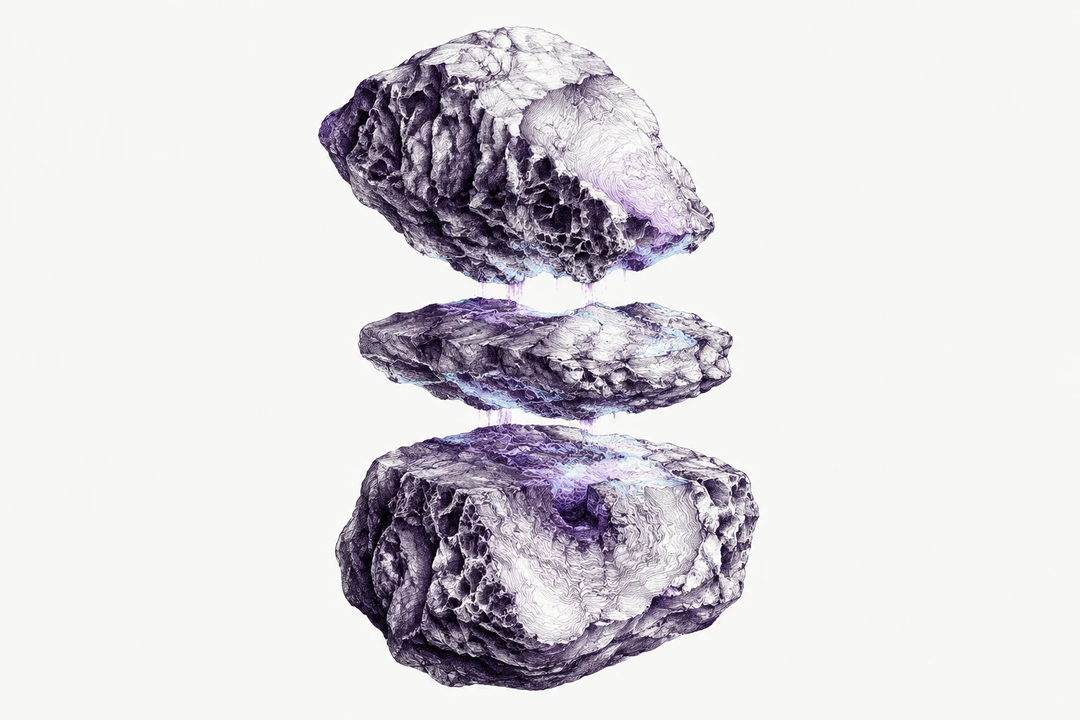 Three porous stones hover above one another with narrow gaps, their surfaces densely etched in dark violet.