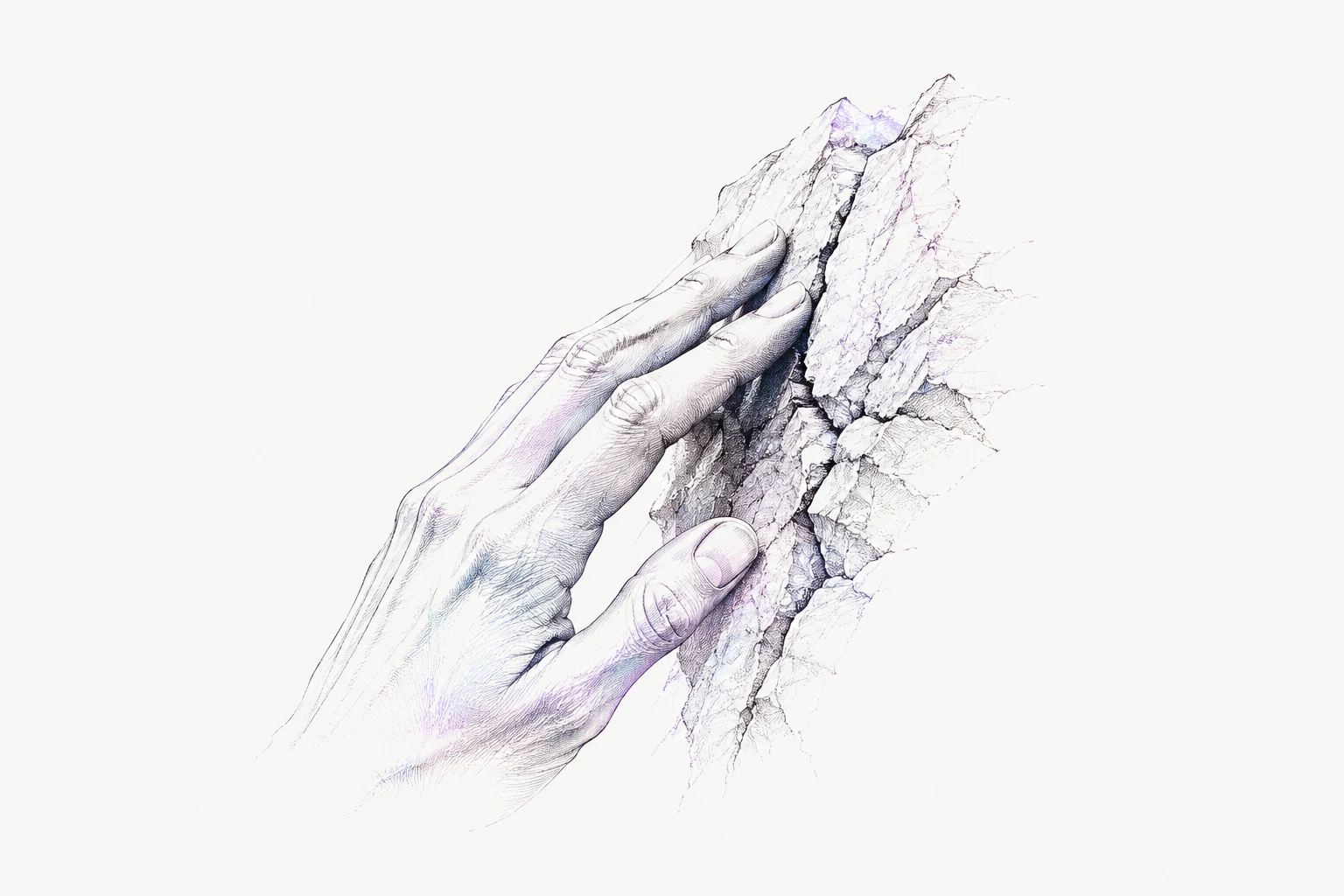 A finely drawn hand rests against a fracture in stone, its contours echoing the rock.