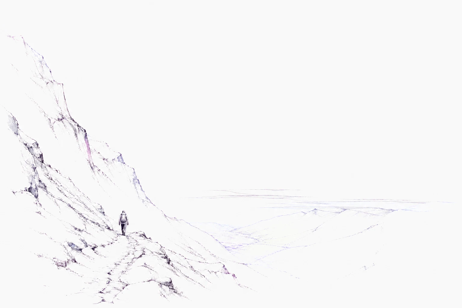 A small solitary walker follows a descending path into a nearly vanished mountain valley.
