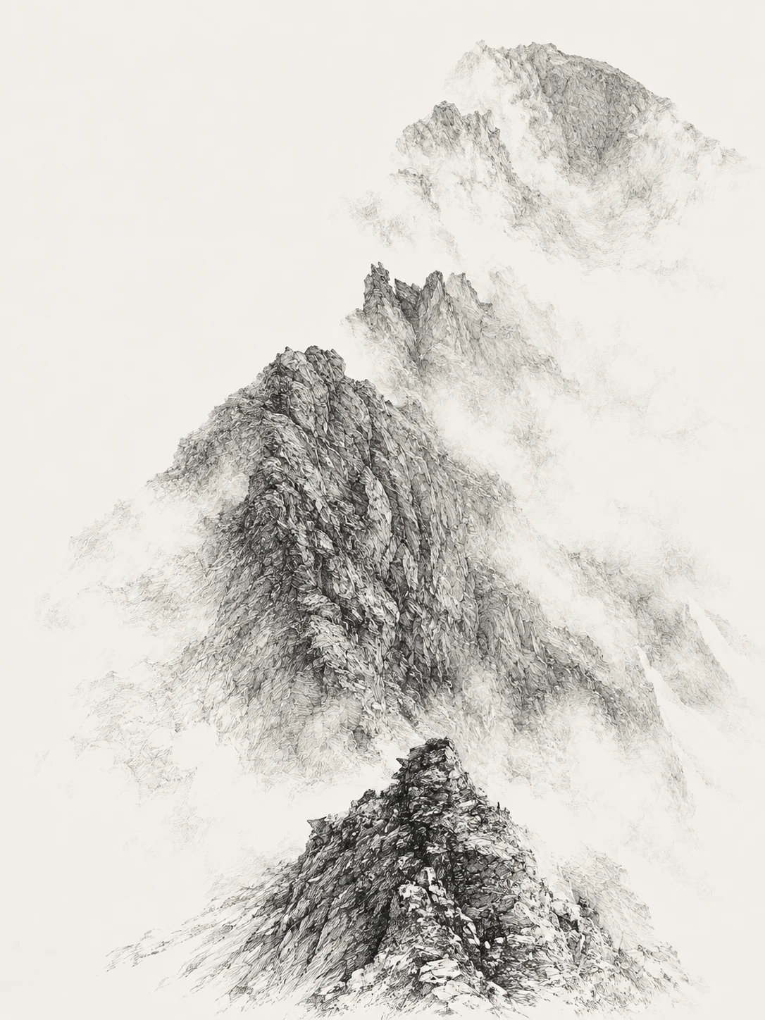 An intricate monochrome pen drawing of successive serrated ridges disappearing into mist.