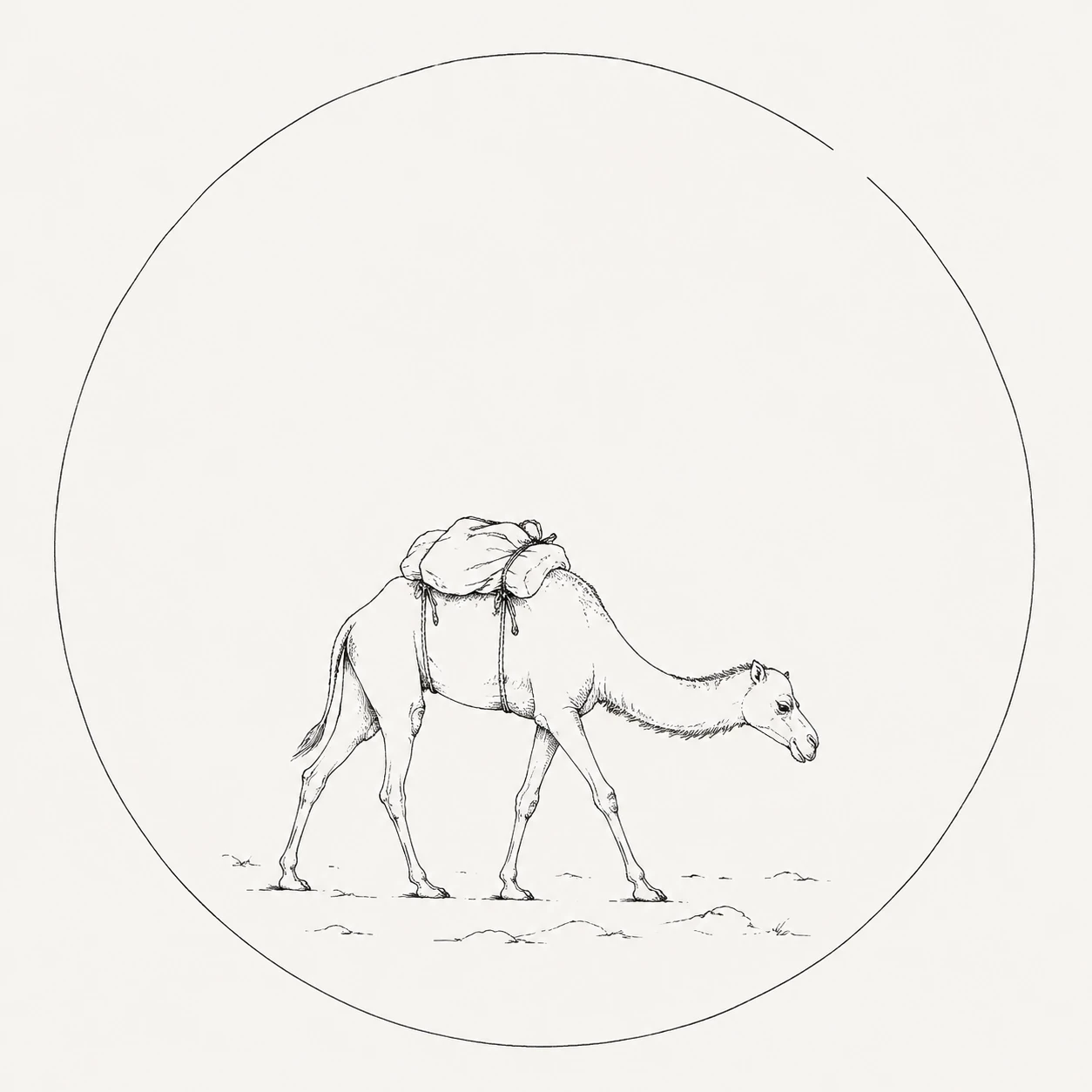 A fine pen drawing of a camel carrying a bundle, walking with its head lowered inside an open circle.