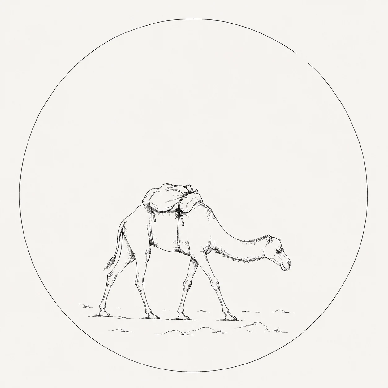A camel carrying a bundle walks with its head lowered inside an open ink circle.