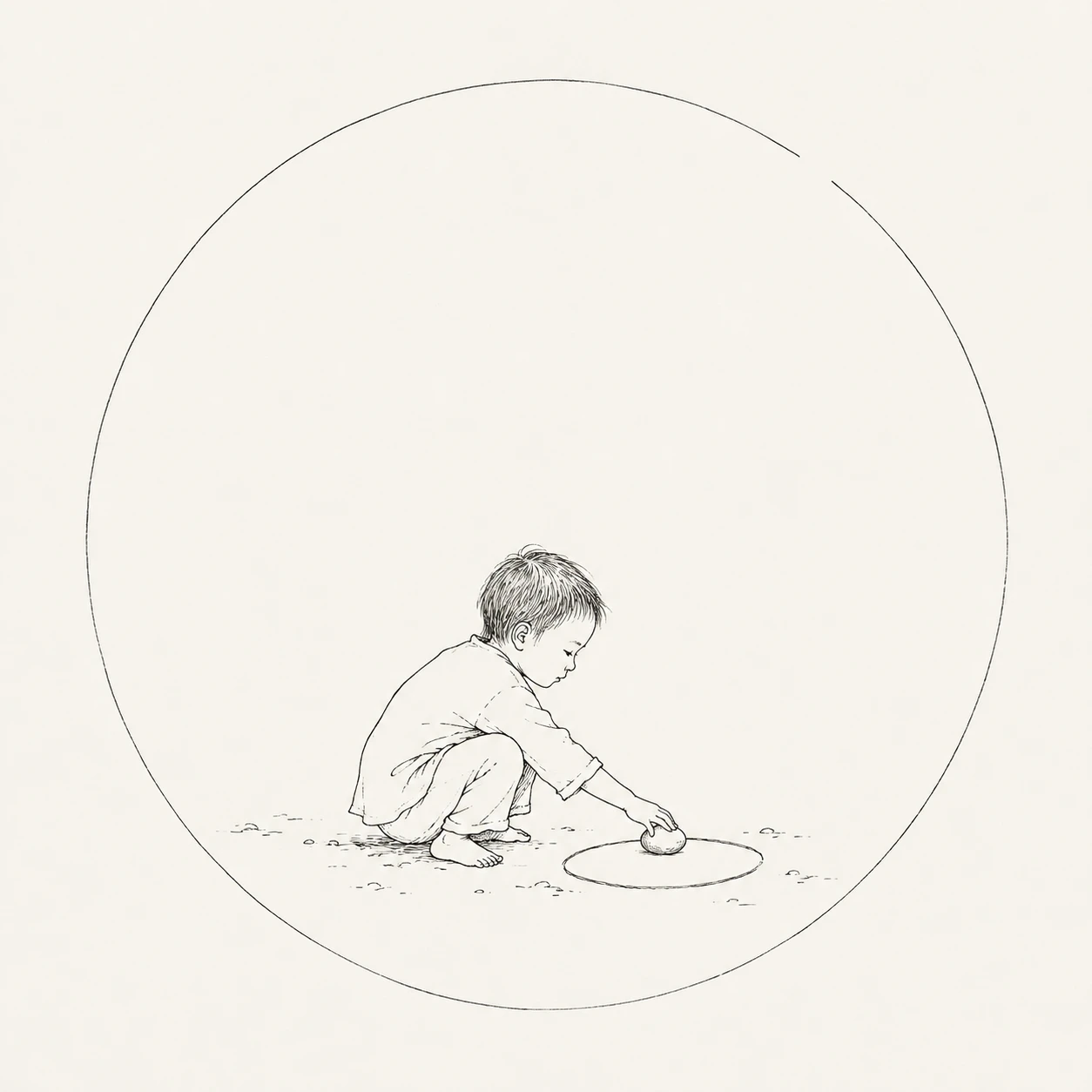 A pen drawing of a child at play, tracing a circle in the earth with a stone inside a larger open circle.