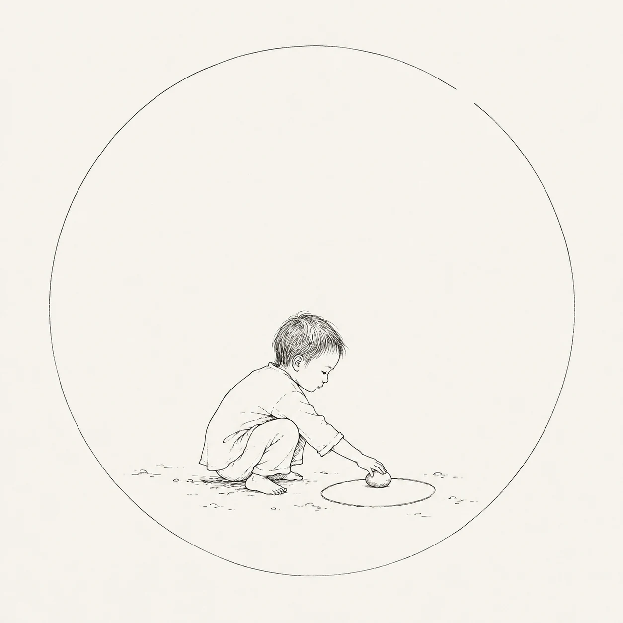 A child at play traces a circle in the earth with a stone, inside a larger open circle.