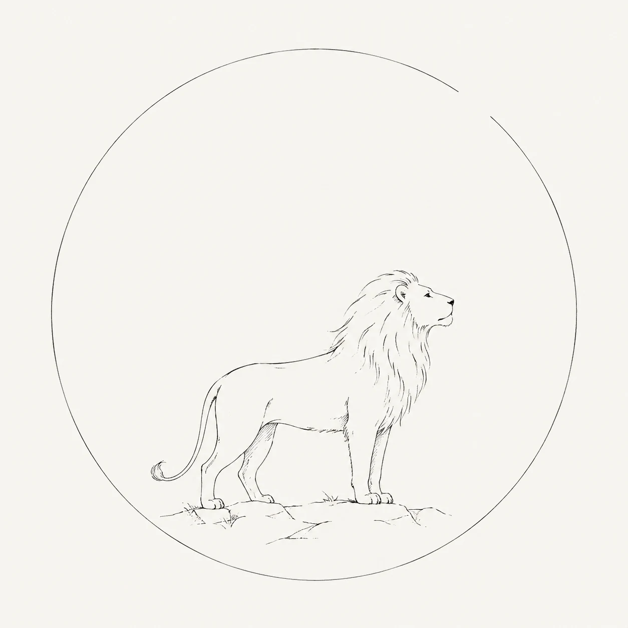 A lion stands with its head raised, framed by an open ink circle.