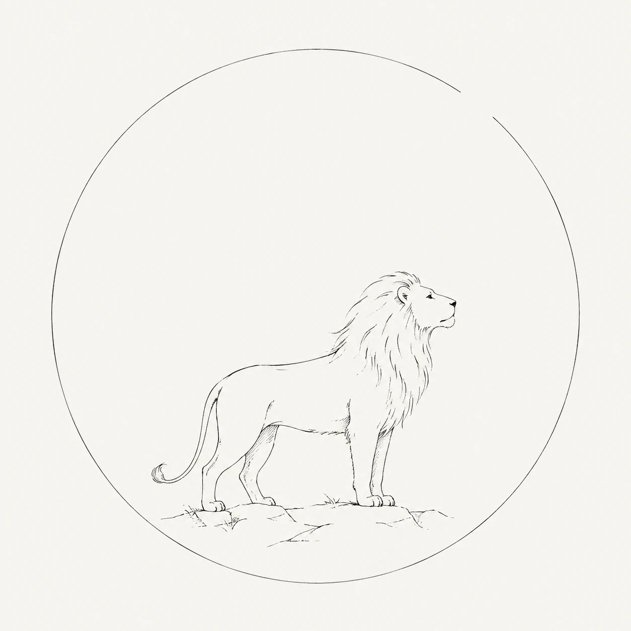 A sparse pen drawing of a lion standing resolutely with its head raised, framed by an open circle.